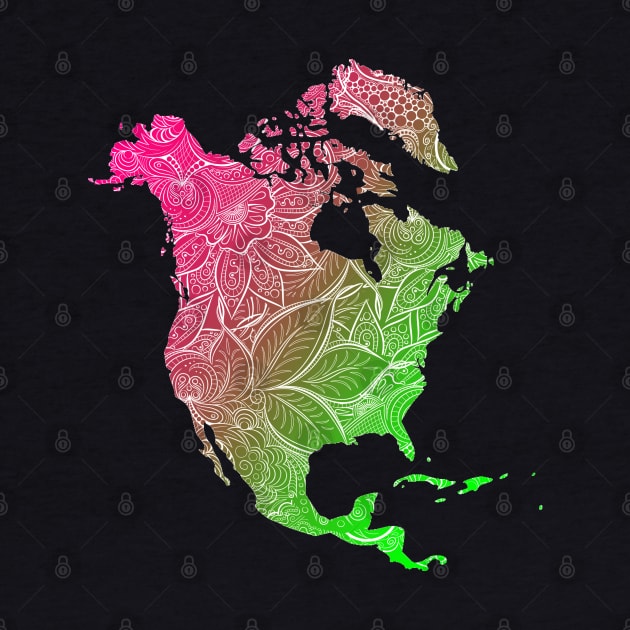 Colorful mandala art map of North America with text in pink and green by Happy Citizen